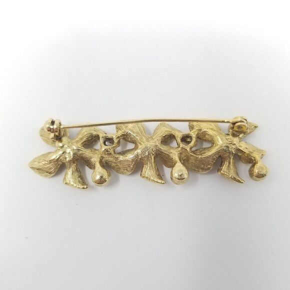 Vintage Three Flower Bar Brooch with Faux Pearls, Gold Tone, Lapel Pin, Estate - Picture 3 of 5